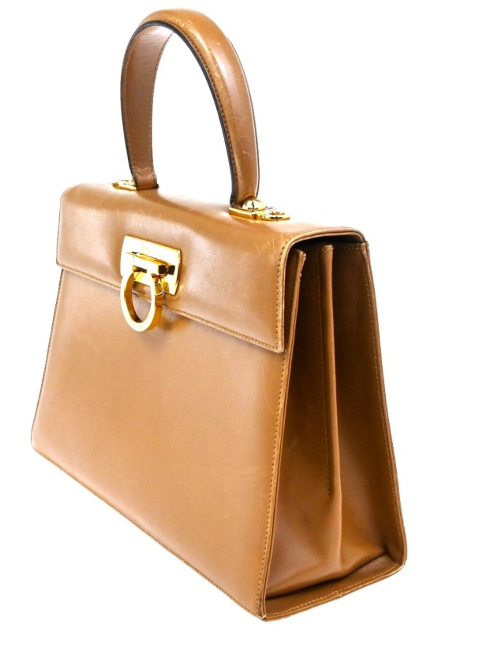 Salvatore Ferragamo Gancini Top Handle Bag Leather Brown GHW Italy 61CA782 - Picture 2 of 16